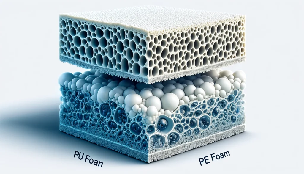 dall·e 2024 04 18 15.49.40 a detailed image showing the cross section of pu foam and pe foam side by side. the pu foam should appear as an open cell structure with visible inte